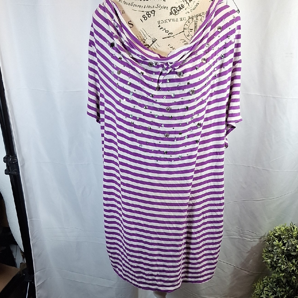 Lane Bryant Purple and White Ruched Short Sleeve Tunic